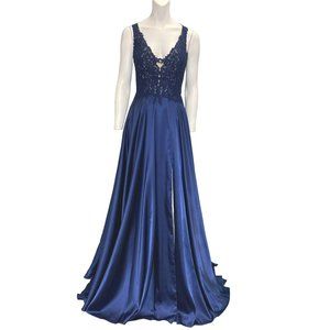 Faviana Lace Sequin V-Neck Maxi Gown Navy Size 12 NWT